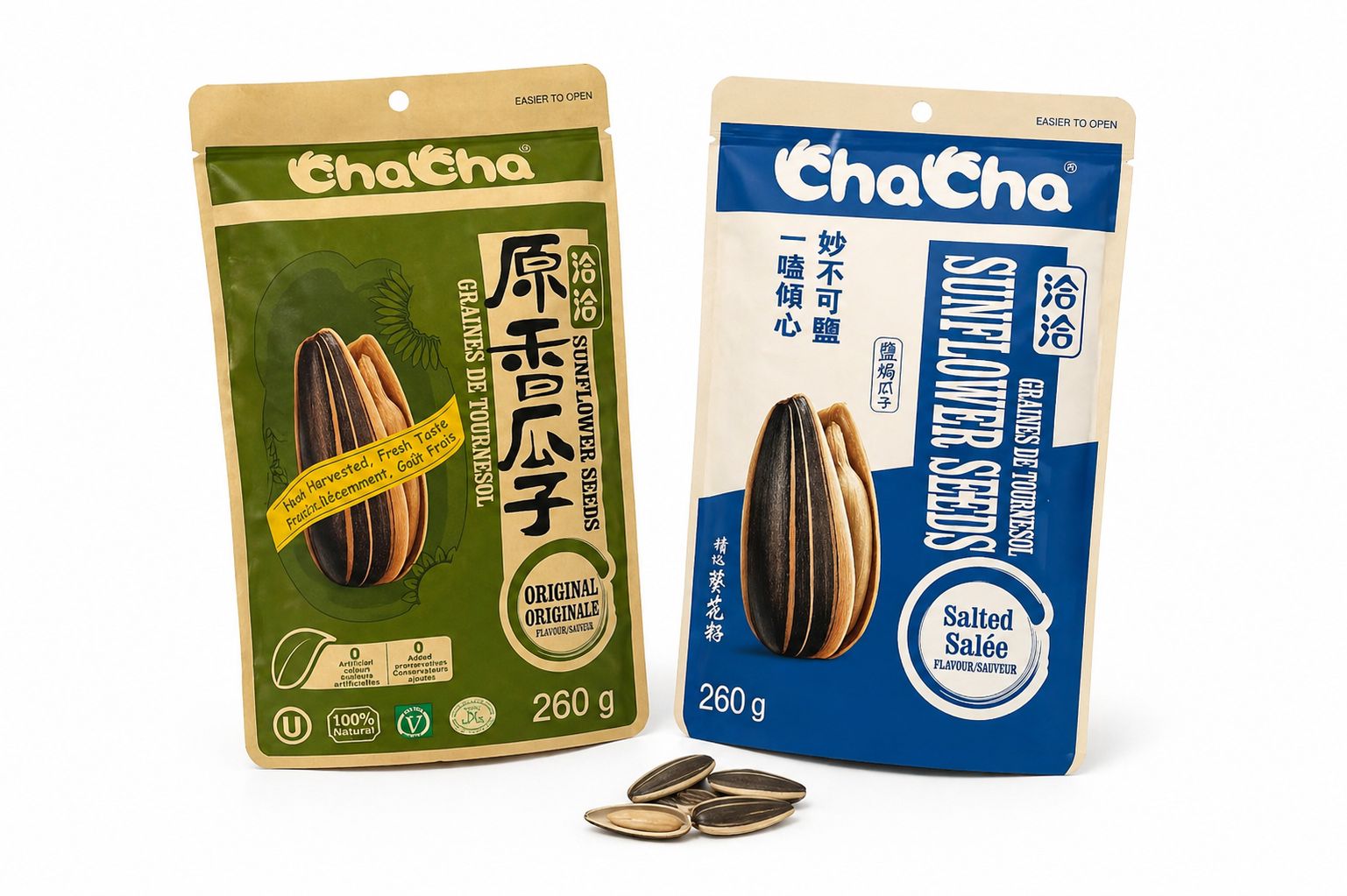 Bolsas de semillas de girasol CampoSol — sabor Original y Salt & Pepper